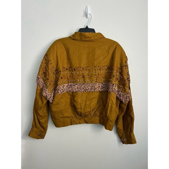 VTG Linen Beaded Cropped Oversized Jacket Mustard ButtonUp Cowgirl Boho Western - Picture 15 of 15
